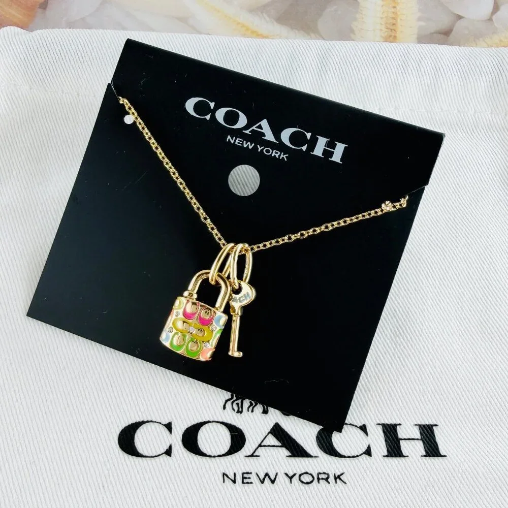 Coach Quilted Padlock Key Mismatch Rainbow gold necklace - Picture 2 of 4